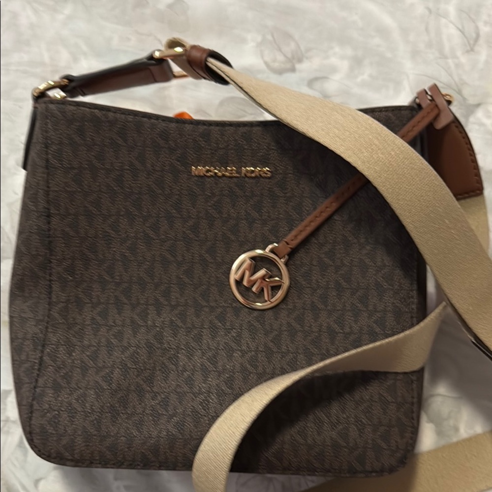 Michael Kors Brown Structured Shoulder Bag with Gold Charm